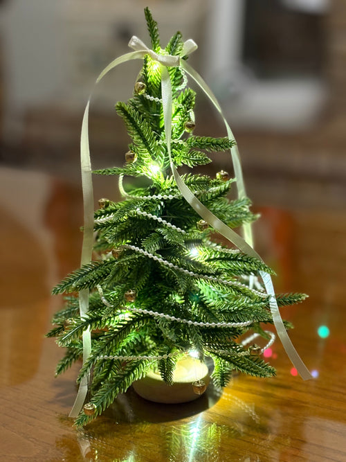 Dollhouse Christmas Tree with Faux Norfolk Pine Branches and Fairy Lights - 1:12 Scale